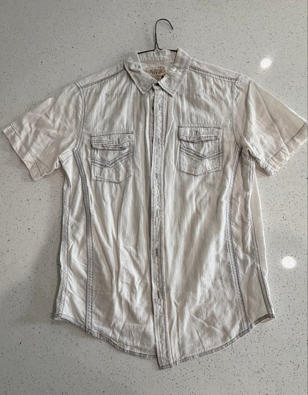 Rustic Blue Mens Medium White & Gray Buttonup Shortsleeve Shirt - Picture 1 of 5